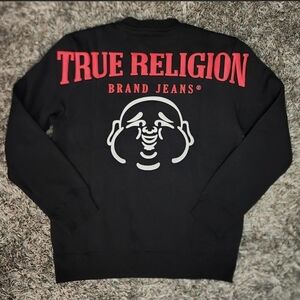 True Religion Black Crewneck Sweater with Red and White Design
